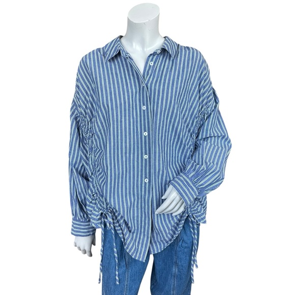Anthropologie Pilcro Reworked Ruched Blue Pin Striped Button Down Shirt Medium - Picture 2 of 11